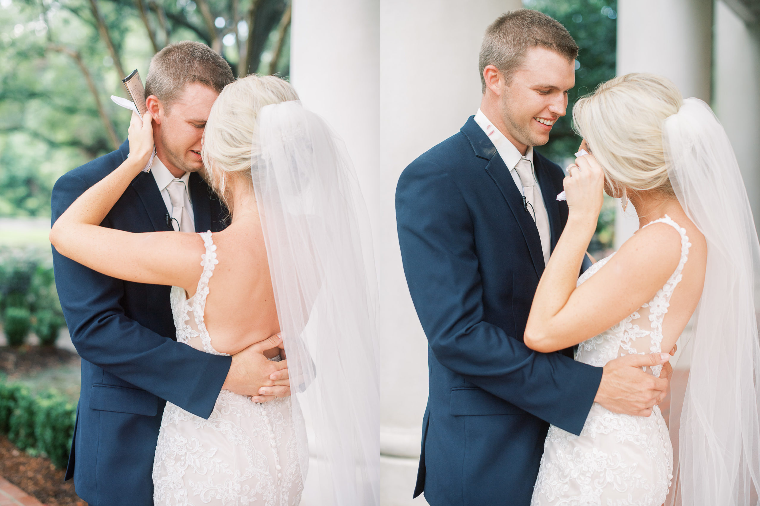 couple embracing during first look